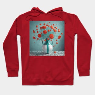 Red Flowers in an Aqua and White Vase Hoodie